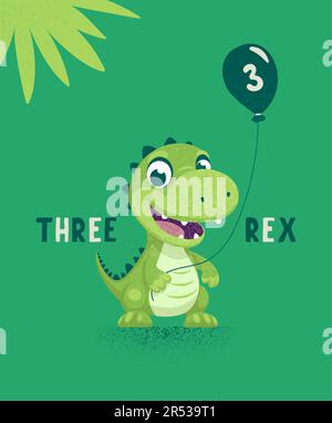 Dinosaure Tirannosaur trois Rex. Dessin animé Tirex. Carte d'anniversaire pour un enfant de trois ans. Motif vectoriel mignon et amusant dessin animé Dinosaur Illustration de Vecteur