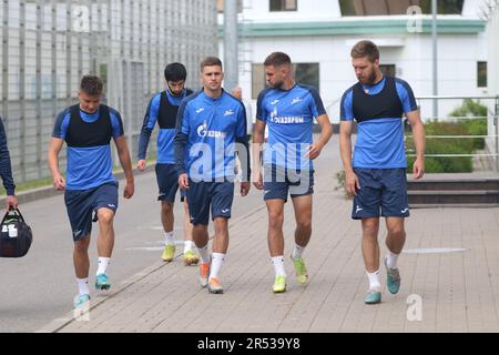 Saint-Pétersbourg, Russie. 31st mai 2023. Les joueurs du club de football de Zenit s'échauffent lors de la session d'entraînement au centre d'entraînement de Gazprom avant le match de la première ligue russe de 30th, Zenit Saint-Pétersbourg - Fakel Voronezh. Crédit : SOPA Images Limited/Alamy Live News Banque D'Images