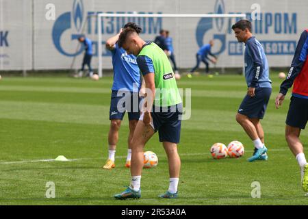 Saint-Pétersbourg, Russie. 31st mai 2023. Andrey Mostovoy du club de football de Zenit vu pendant la session d'entraînement au centre de formation de Gazprom avant le match du tour 30th de la Premier League russe, Zenit Saint-Pétersbourg - Fakel Voronezh. Crédit : SOPA Images Limited/Alamy Live News Banque D'Images