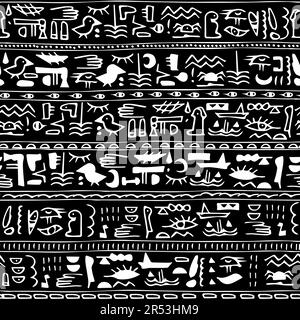 Motif égyptien noir-blanc vintage à rayures sans couture avec motifs ethniques et tribaux. Dessin rétro à l'encre pour textile, tissu, carnet Illustration de Vecteur