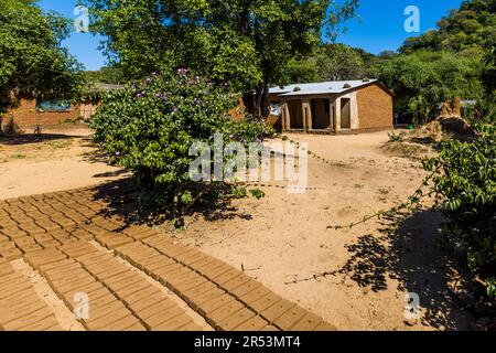 Dans de nombreux villages du Malawi, les briques pour les maisons sont formées d'argile et cuites au feu de bois. Monkey Bay, Malawi Banque D'Images