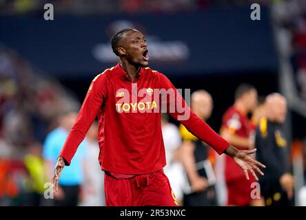 Tammy Abraham de Roma réagit lors de la finale de l'UEFA Europa League à l'arène de Puskas à Budapest. Date de la photo: Mercredi 31 mai 2023. Banque D'Images