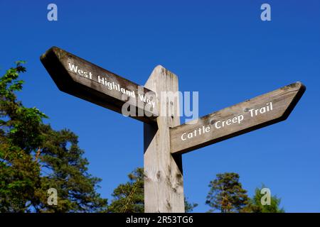 Panneau Fingerpost pour le Cattle Creep Trail et la West Highland Way, Tyndrum, Écosse Banque D'Images