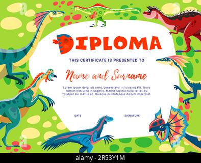 Diplôme pour enfants. Caricature de dinosaures personnages vecteur certificat de l'éducation des enfants. Diplôme, certificat ou prix du gagnant avec antécédents fr Illustration de Vecteur