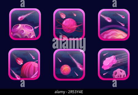 Icônes de l'application de jeu d'espace de dessin animé. Les planètes et astéroïdes violets ou roses. Application informatique, éléments vectoriels d'interface utilisateur de jeu mobile avec de fantastiques planètes de galaxie extraterrestre. Illustration de Vecteur