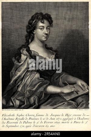 1683 , FRANCE : la peintre baroque française , poète et musicienne ELISABETH SOPHIE CHERON de HAY ( Chéron , 1648 - 1711 ), âgée de 35 ans , en autoportrait , gravée par F. Chereau . - AUTORITRATTO - HISTOIRE - FOTO STORICHE - RITRATTO - ARTE - ARTS VISUELS - ARTI VISIVE - PITTORE - PITRICE - BAROCCO - BAROCCA - PITRICE - GRAVURE - INCISIONE - POESIA - POÉSIE - POETESSA - POÈTE - MUSICA CLASSICA - MUSIQUE - MUSIQUE CLASSIQUE - COMPORE COMPOSITEUR - COMPISIRICE --- ARCHIVIO GBB Banque D'Images