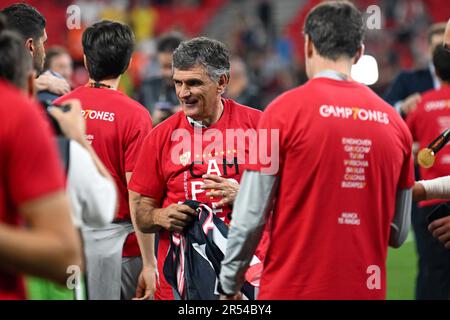 Budapest, Hongrie. 31st mai 2023. Bonheur de Sevilla FC entraîneur en chef Jose Luis Mendilibar après avoir remporté le match de football final de la Ligue européenne entre COMME Roma vs Sevilla à l'arène de Puskas à Budapest, Hongrie, 31st de mai 2023 crédit: Agence de photo indépendante / Alamy Live News Banque D'Images