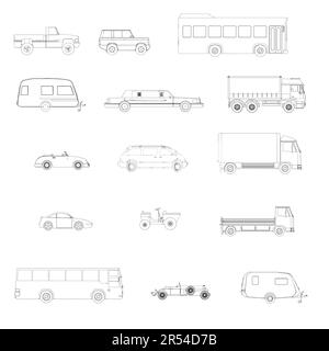 Définir les contours de différentes voitures à partir de lignes noires isolées sur fond blanc. Vue latérale. Illustration vectorielle. Illustration de Vecteur