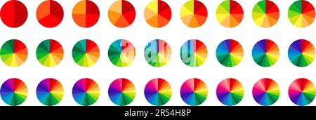 Collection de sections de cercle multicolores. Diagrammes à secteurs en couleurs de spectre. Ensemble d'éléments ronds pour infographie. Paquet de 2 à 28 coupes et secteurs. Phases du processus et phases du cycle. Vecteur Illustration de Vecteur