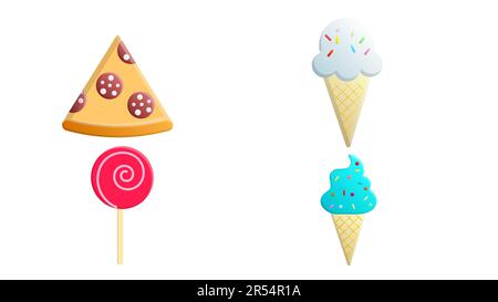 Délicieux ensemble de crossettes de glace, pizza, beignet, sucettes, cola et cupcake. Illustration de Vecteur