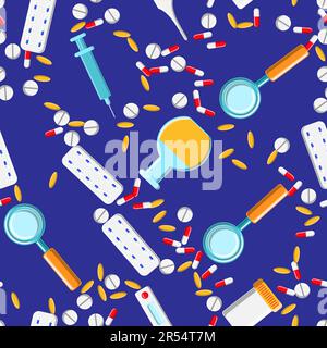 Modèle médical sans couture, la texture de comprimés pharmaceutiques, boîtes, capsules, vitamines, médicaments, plaques, seringues, thermomètre, loupe et flacons Illustration de Vecteur