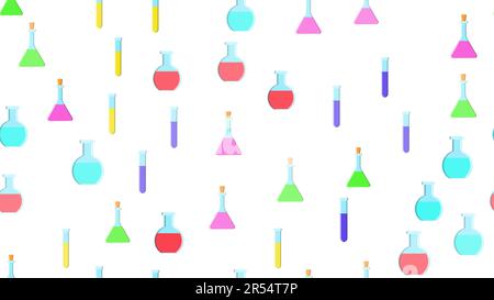 Texture sans couture des tubes à essai scientifique en verre chimique médical multicolore à répétition et sans fin de flacons de différentes formes sur fond blanc Illustration de Vecteur