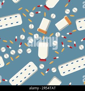 Modèle médical sans couture, texture à partir de comprimés pharmaceutiques médicinaux, boîtes, capsules, vitamines, médicaments, plaques, antibiotiques, isolat d'huile de poisson oméga-3 Illustration de Vecteur