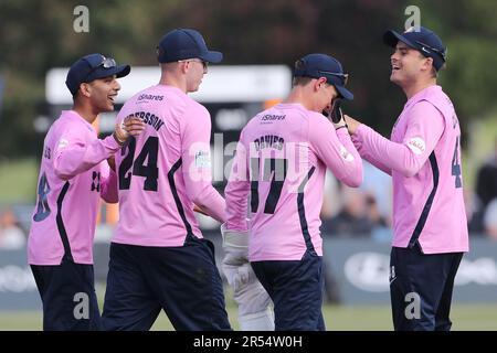 Les joueurs de Middlesex célèbrent la prise de la cricket de Kiran Carlson pendant Middlesex vs Glamourgan, Vitality Blast T20 Cricket à Merchant Taylors School on Banque D'Images