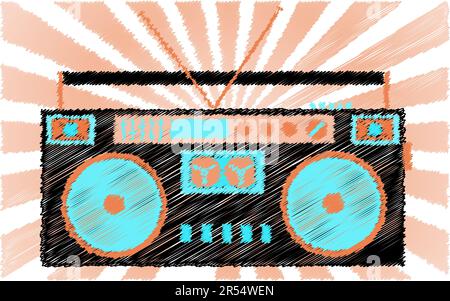 Rétro, ancien, vintage, hippster, musical, enregistreur de cassettes audio. Boombox peint avec des lignes pointillées sur l'arrière-plan des rayons. Vecteur illustrat Illustration de Vecteur