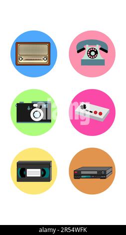 Un ensemble de six icônes rondes pour l'ancienne technologie rétro de téléphone actuel radio caméra joystick lecteur vidéo et cassette sur un fond blanc. VEC Illustration de Vecteur