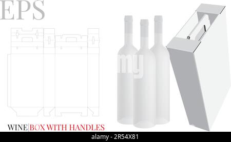 Boîte à vin avec poignée, modèle découpé, vecteur. Maquette de boîte à trois bouteilles blanche, transparente, vierge et isolée sur fond blanc avec présentation en perspective Illustration de Vecteur