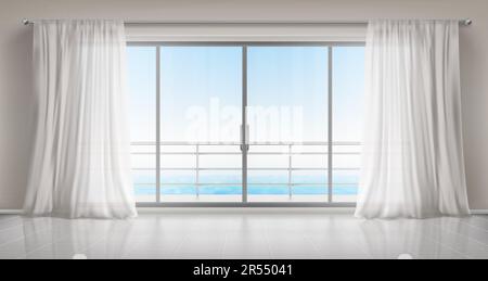 Fenêtres en verre avec rideaux en soie blanche et vue sur la mer. Vector réaliste intérieur de la chambre vide dans la maison ou l'hôtel avec portes vitrées au balcon, terrasse avec rambardes Illustration de Vecteur