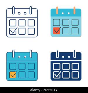 Calendrier avec une icône en forme de coche définie en mode plat et ligne. Enregistrez la date, cochez le symbole. Illustration vectorielle. Illustration de Vecteur