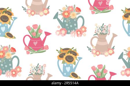 Motif d'été vectoriel avec arrosoirs colorés et bouquets de fleurs sur fond blanc. Texture horticole avec arrangements floraux Illustration de Vecteur