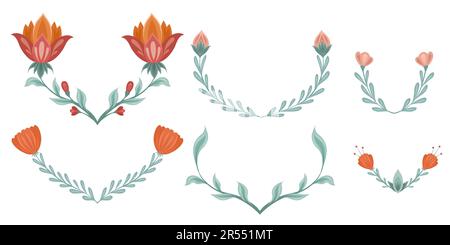Ensemble vectoriel de cadres floraux folk art. Collection de couronnes de fleurs et de tiges isolées du fond. Éléments de conception naturels pour les invitations Illustration de Vecteur