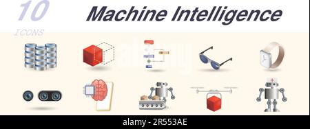 Icônes de veille de la machine définies. Éléments créatifs : big data, schéma, algorithme, lunettes intelligentes, montre intelligente, smart lens, interface neuronale, robotique Illustration de Vecteur