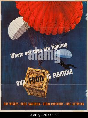 Propagande américaine de la Seconde Guerre mondiale (États-Unis Bureau d'impression du gouvernement, 1943). Poster de propagande de rationnement - « où nos hommes combattent - notre nourriture combat » boîte de nourriture de parachutes Banque D'Images