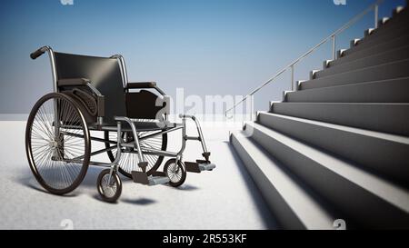 Fauteuil roulant vide debout devant l'escalier raide. 3D illustration. Banque D'Images