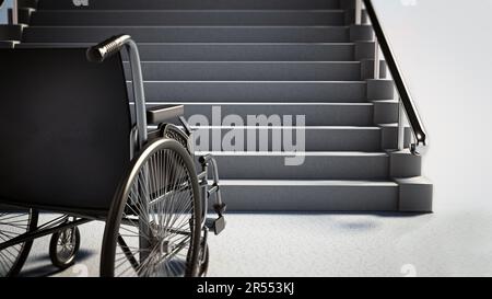 Fauteuil roulant vide debout devant l'escalier raide. 3D illustration. Banque D'Images