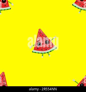 Motif d'impression de tissu à 3D caractères sans couture avec tranche de pastèque. Vacances d'été drôle fruits frais juteux avec les yeux mains jambes Contempo Banque D'Images