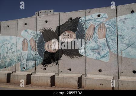 Shtula, Israël. 31st mai 2023. Talking Walls est un projet par des artistes internationaux de graffiti, membres de Artists4Israel, de peindre des peintures murales sur une longue barrière de béton protecteur, érigée près du village de Shtula pour protéger les habitants de tir transfrontalier dans l'espoir d'apporter la beauté et la guérison à la région. C'était à quelques centaines de mètres d'ici que Ehud Goldwasser et Eldad Regev ont été enlevés par le Hezbollah d'une patrouille de routine le long de la frontière nord ouvrant la deuxième guerre du Liban 2006. Alors que les tensions s'intensifient avec l'Iran et son mandataire libanais, le Hezbollah, les analystes militaires israéliens su Banque D'Images