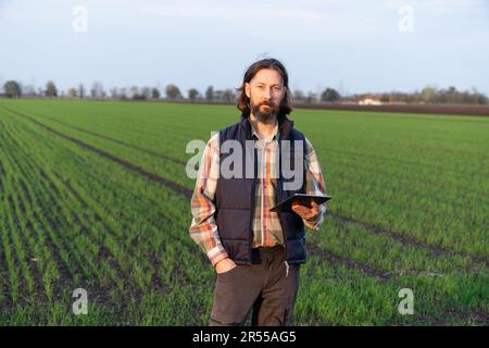 Agriculteur avec une tablette numérique dans un jeune champ de blé. Agriculture intelligente et agriculture numérique. Photo de haute qualité Banque D'Images