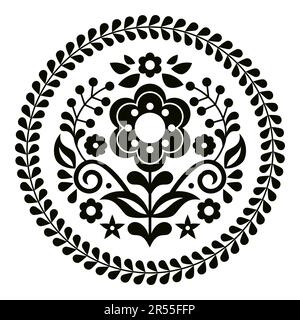 Motif mandala vectoriel de style art populaire mexicain avec fleurs dans le cadre, motif rond noir et blanc inspiré des motifs de broderie traditionnels de Mexi Illustration de Vecteur