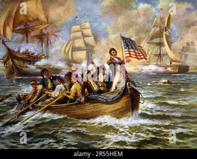 La bataille du lac Érié, également connue sous le nom de la bataille de Put-in-Bay, a eu lieu sur le lac Érié, au large de la côte de l'Ohio, le 10 septembre 1813, pendant la guerre de 1812. Oliver Hazard Perry se tient devant un petit bateau après avoir abandonné son navire-amiral, le Lawrence, historique, une reproduction numériquement restaurée d'un original de l'époque. / Die Schlacht am Eriesee, auch bekannt als Schlacht von Put-in-Bay, fand am 10. Septembre 1813 während des Krieges von 1812 auf dem Eriesee vor der Küste von Ohio statt. Oliver Hazard Perry steht vor einem kleinen Boot, nachdem er sein Flaggschiff, die Lawrence, verlass Banque D'Images