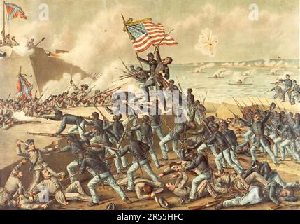 Fort Wagner ou Battery Wagner était une fortification de plage sur l'île Morris, en Caroline du Sud. Soldats AMÉRICAINS attaquant les confédérés au fort, 18 juillet 1863, reproduction historique, restaurée numériquement à partir d'un original de l'époque. / Fort Wagner oder Battery Wagner war eine Strandbefestigung auf Morris Island, Caroline du Sud. US-Soldaten greifen die Konföderierten im fort an, 18. Juli 1863, Historisch, digital restaurierte Reproduktion von einer Vorlage aus der damaligen Zeit Banque D'Images