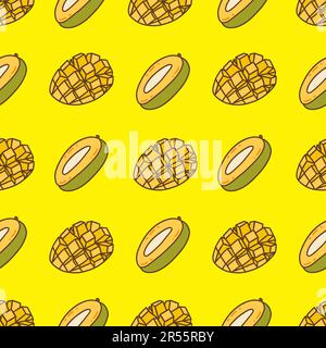Motif sans couture avec mangue mûre coupée en deux. Arrière-plan jaune. Illustration vectorielle Doodle dessiné à la main. Fruits doux, vitamine d'été, végétarien. Imprimer Illustration de Vecteur