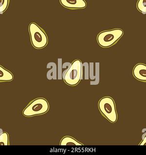 Motif sans couture avec moitié avocat. Arrière-plan marron. Illustration vectorielle dessinée à la main. Fruits tropicaux copieux et sains Illustration de Vecteur