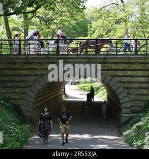 Une calèche traverse le tunnel piétonnier de Dipway Arch à Central Park, New York. Banque D'Images