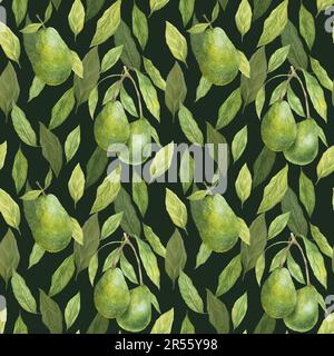 Motif aquarelle sans couture avec illustration des appétissants avocats de cul vert et des feuilles sur fond sombre. Banque D'Images