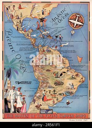 Affiche de voyage du système Pan American Airways - itinéraires des navires de vol Clipper 1937 - carte graphique de l'Amérique du Sud Banque D'Images