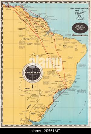 Affiche de voyage vintage - Pan American World Airways - une carte de vol américaine - la côte est de l'Amérique du Sud. Banque D'Images