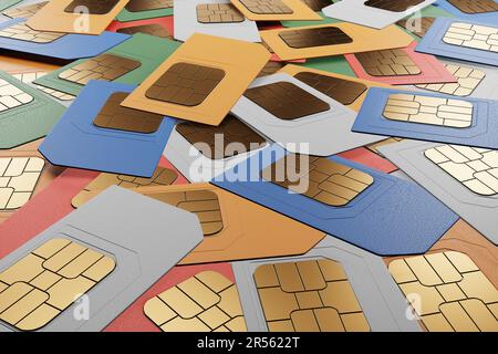 Pile de cartes SIM de téléphone mobile anonymes dispersées au hasard. Concept de télécommunication, appels d'escroquerie et annonce téléphonique agaçante Banque D'Images