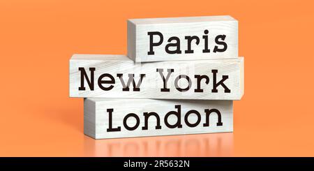 Londres, New york, Paris - des mots sur des blocs de bois - 3D illustration Banque D'Images