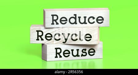 Réduire, recycler, réutiliser - mots sur des blocs de bois - illustration 3D Banque D'Images