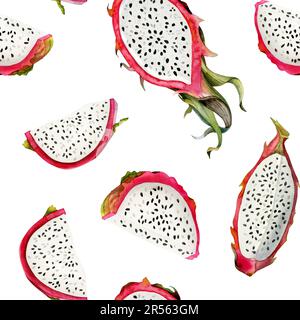 Motif de fruits dragon roses sans couture avec dessins pitaya aquarelle sur fond blanc. Illustration dessinée à la main Banque D'Images