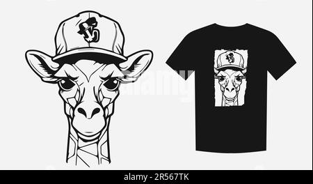 Girafe inspirée de la taille basse avec une casquette dans un style de dessin animé monochrome. Parfait pour les imprimés, les chemises et les logos. Ludique et élégant. Illustration vectorielle. Illustration de Vecteur