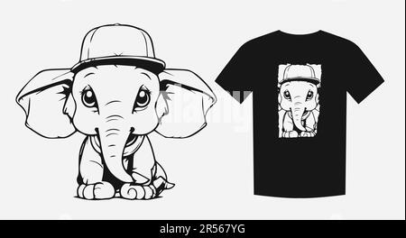 Adorable dessin animé monochrome d'un joli bébé éléphant assis avec de grandes oreilles. Parfait pour les imprimés, les chemises et les logos. Ludique et attachant. Vecteur Illustration de Vecteur