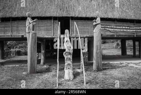 Escalier de tronc d'arbre qui monte à l'entrée d'une maison traditionnelle 'nha rong', ou culturelle, appartenant à la minorité ethnique de Bahnar dans la villa de Kon Xomluh Banque D'Images