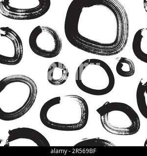 Motif rond abstrait noir et blanc simple sans couture. Lignes de pinceau d'encre dessinées à la main Illustration de Vecteur