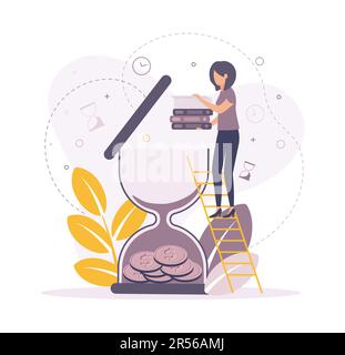 Illustration de la gestion du temps. Illustration d'une femme debout sur les escaliers, met des documents dans le sablier dans lequel les pièces se trouvent. Illustration de Vecteur